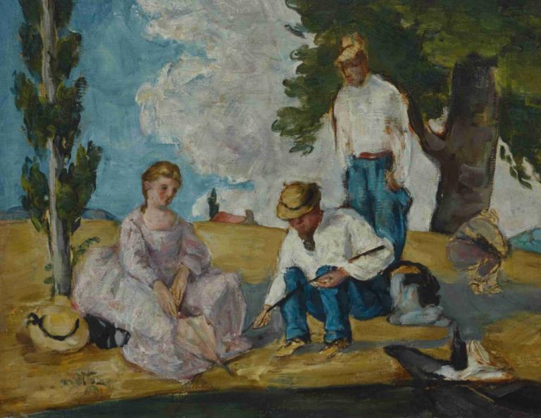 Picnic on a Riverbank,Picnic på en flodbred,Paul Cézanne,Oliemaleri,Oliemaleri, træ, 1 pige, hat