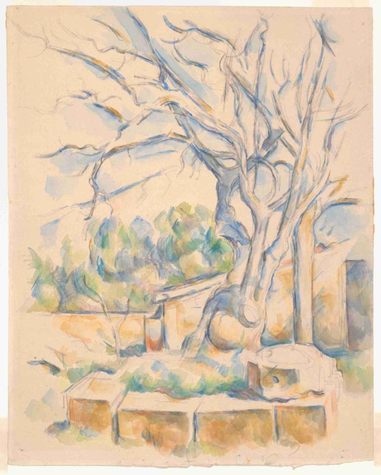 Pistachio Tree at Château Noir,Pistacheboom op Château Noir,Paul Cézanne,Kleurenschets,Kleurenschets, boom