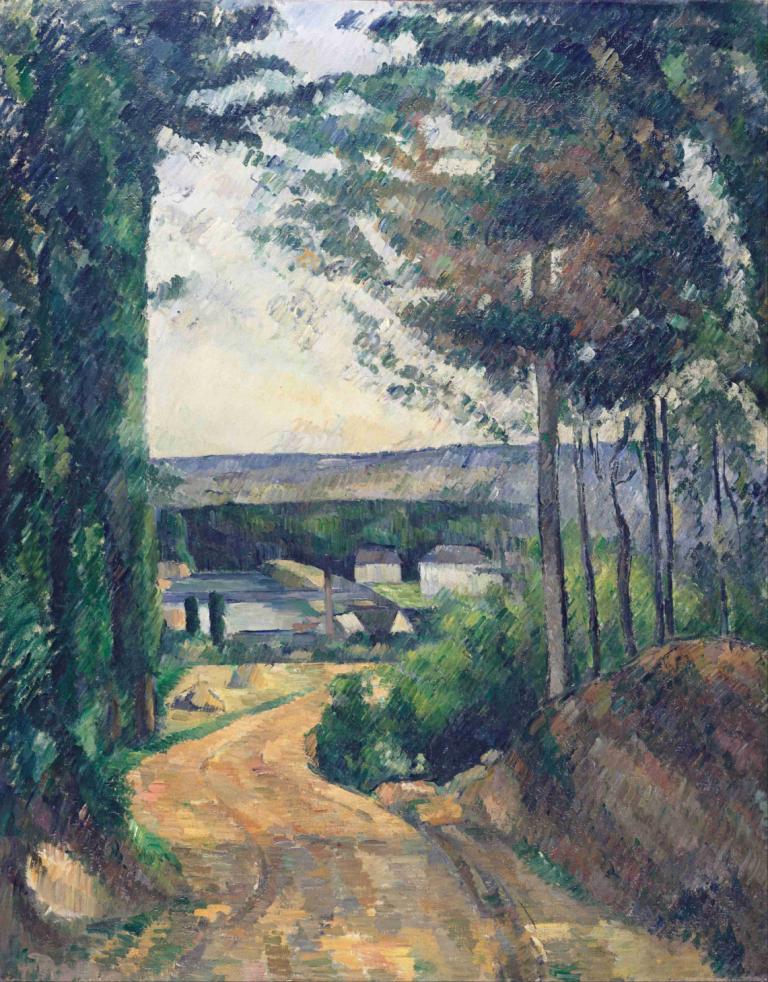 Road leading to the lake,Järvelle johtava tie,Paul Cézanne,Öljymaalaus,Öljymaalaus, ulkona, ei ihmisiä