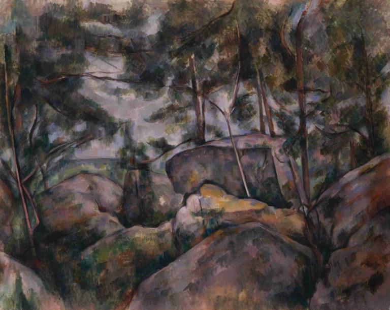 Rocks in the Forest,Kiviä metsässä,Paul Cézanne,Öljymaalaus,Öljymaalaus, luonto, puu, perinteistä mediaa