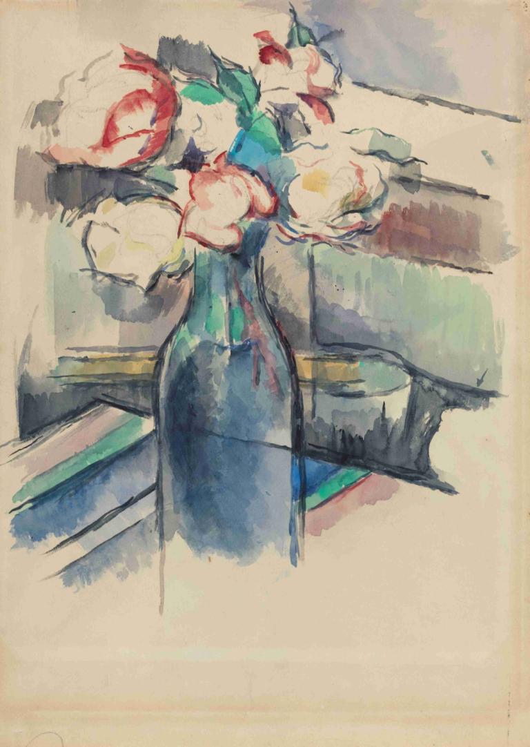 Roses in a Bottle (recto),Ruusuja pullossa (etusivu),Paul Cézanne,Öljymaalaus,Öljymaalaus, yksin, kukka