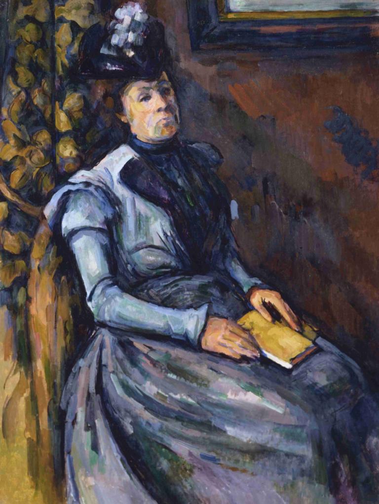 Seated Woman in Blue,Istuva nainen sinisessä,Paul Cézanne,Öljymaalaus,Öljymaalaus, yksin, kirja, hattu