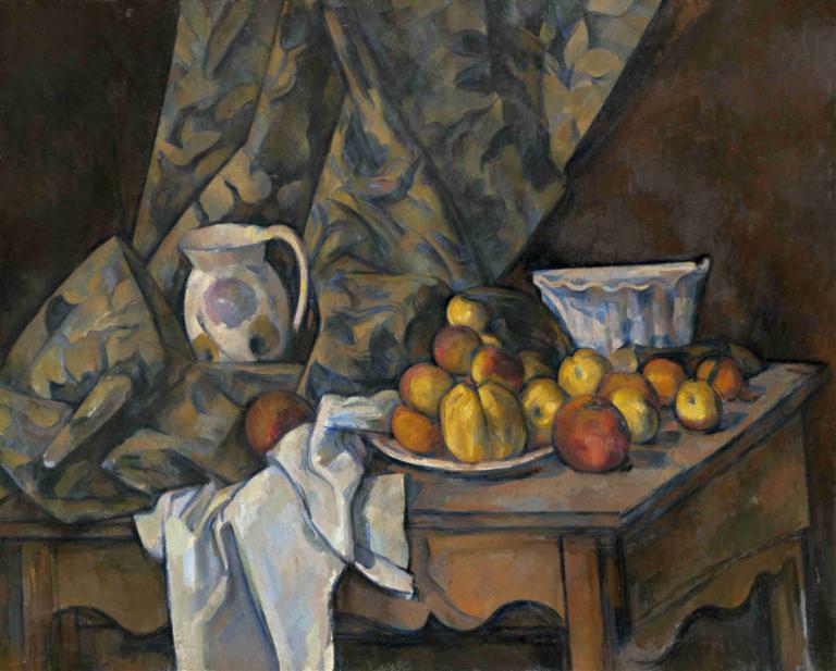 Still Life with Apples and Peaches,蘋果和桃子的靜物,Paul Cézanne,保羅·塞尚,油畫,油畫, 食物, 水果, 桌子, 傳統媒體, 繪畫（中）, 杯子, 手套, 白手套