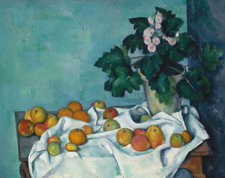 Still Life with Apples and a Pot of Primroses,Paul Cézanne,Oil Painting,Oil Painting, fruit, food