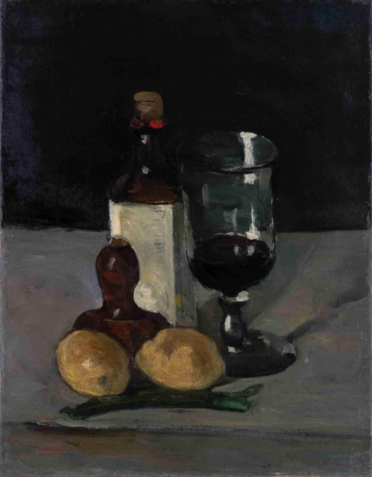 Still Life with Bottle, Glass, and Lemons,瓶子、玻璃杯和檸檬的靜物,Paul Cézanne,保羅·塞尚,油畫,油畫, 沒有人類, 瓶子, 靜物, 食物, 杯子, 罐, 黑暗的