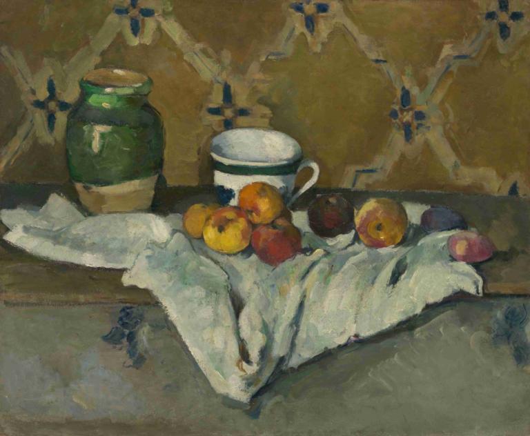 Still Life with Jar, Cup, and Apples,罐子、杯子和蘋果的靜物,Paul Cézanne,保羅·塞尚,油畫,油畫, 食物, 沒有人類, 水果, 食物焦點, 杯子, 傳統媒體, 蘋果