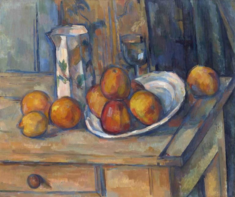 Still Life with Milk Jug and Fruit,帶著牛奶罐和水果的靜物,Paul Cézanne,保羅·塞尚,油畫,油畫, 水果, 沒有人類, 食物, 傳統媒體, 繪畫（中）, 桌子