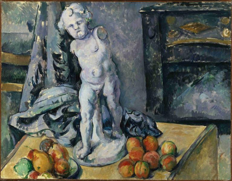 Still Life with Statuette,《靜物與小雕像》,Paul Cézanne,保羅·塞尚,油畫,油畫, 水果, 食物, 獨奏, 裸體, 1個女孩, 傳統媒體, 常設, 美術模仿, 臍, 蘋果