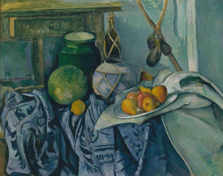 Still Life with a Ginger Jar and Eggplants,Nature morte au pot de gingembre et aux aubergines,Paul Cézanne