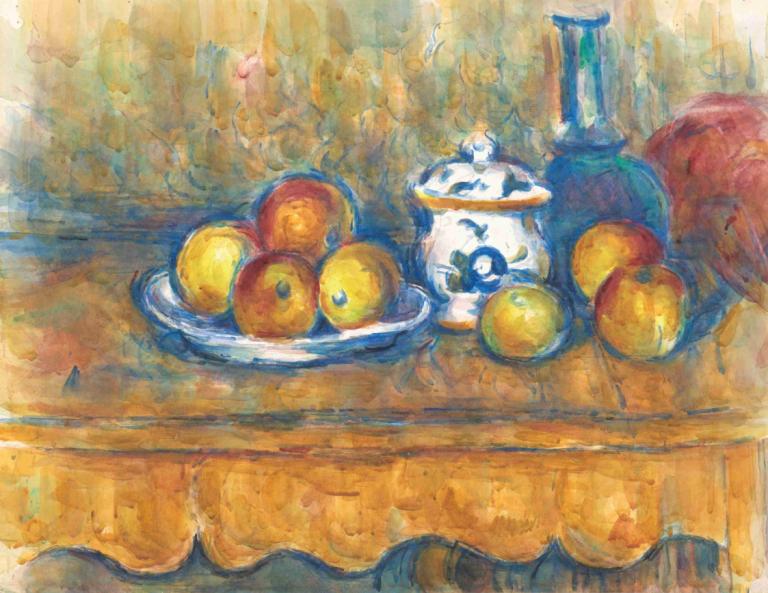 Stillleben mit blauer Flasche, Zuckerdose und Äpfeln,Stillleben MIT Bauer Flasche，扎克多德和阿普菲爾恩,Paul Cézanne