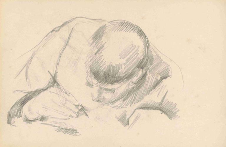 The Artist's Son Writing,藝術家的兒子寫作,Paul Cézanne,保羅·塞尚,素描,素描, 單色, 1男孩, 男性焦點, 獨奏, 草圖, 傳統媒體, 帽子