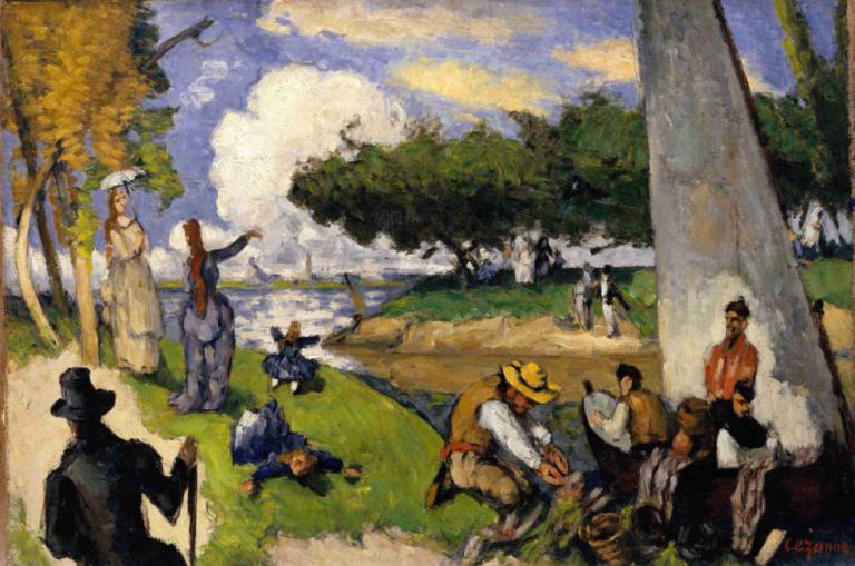 The Fishermen (Fantastic Scene),漁師たち（幻想的なシーン）,Paul Cézanne,ポール・セザンヌ,油絵,油絵, 帽子, 複数の男の子, 複数の女の子, 木, 屋外, 従来のメディア