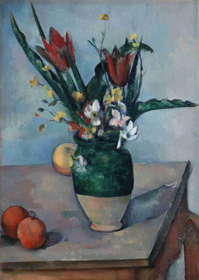 The Vase of Tulips,튤립 꽃병,Paul Cézanne,폴 세잔,오일 페인팅,오일 페인팅, 꽃, 음식, 과일, 전통 미디어, 정물, 회화 (중), 인간은 없어, 흰 꽃, 노란 꽃