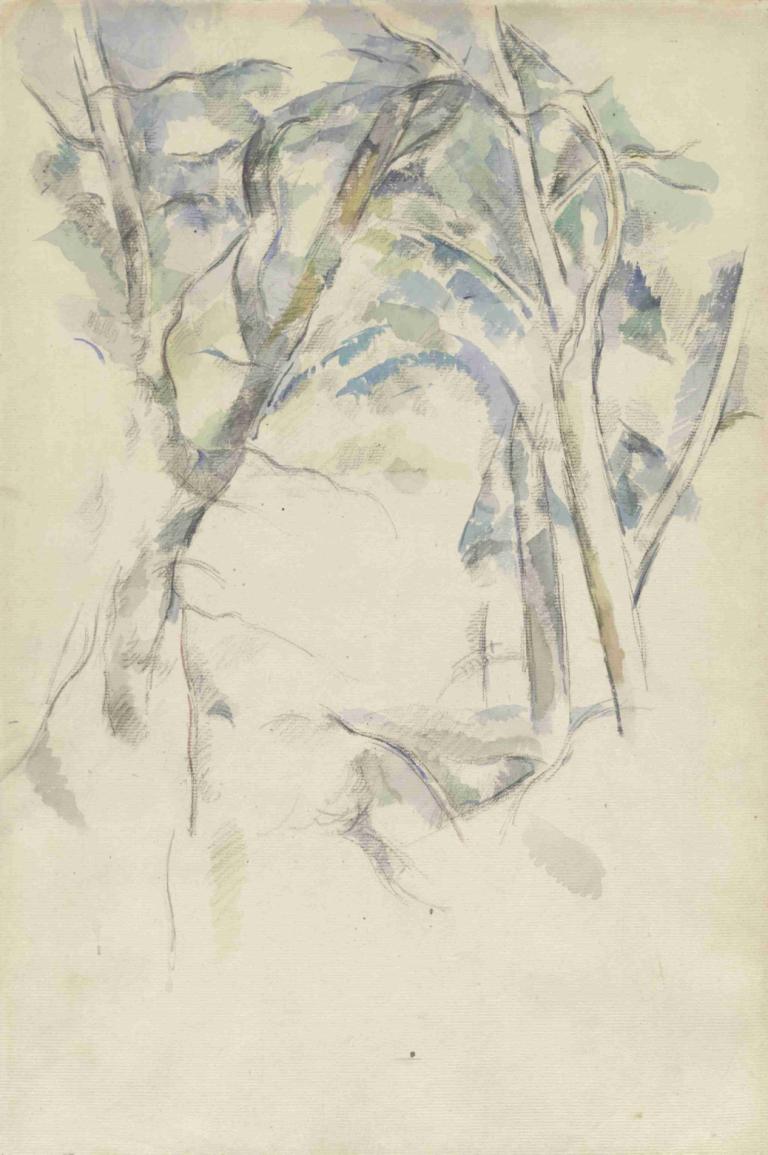 Trees Leaning over Rocks,바위에 기대어 있는 나무,Paul Cézanne,폴 세잔,스케치,스케치, 독주, 전통 미디어, 남성 집중, 1남, 단색화, 나무, 회화 (중)