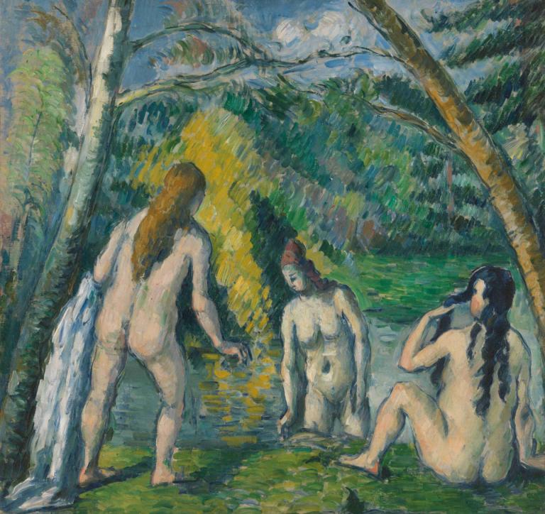 Trois baigneuses,세 명의 목욕자,Paul Cézanne,폴 세잔,오일 페인팅,오일 페인팅, 나체상, 나무, 가짜 전통 미디어, 나귀, 긴 머리, 여러 여자, 자연, 흑발, 물