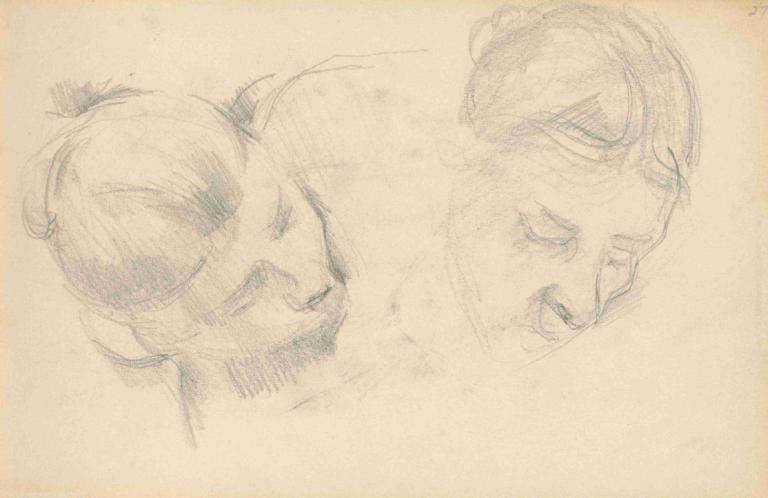 Two Heads of Women,두 명의 여성 머리,Paul Cézanne,폴 세잔,스케치,스케치, 단색화, 스케치, 전통 미디어, 입을 벌리다, 1남, 남성 집중, 감긴 눈