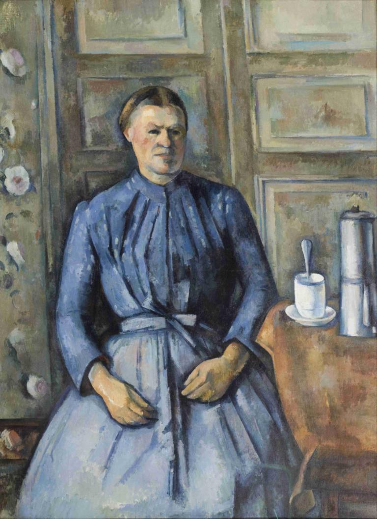 Woman with a Coffeepot,拿著咖啡壺的女人,Paul Cézanne,保羅·塞尚,油畫,油畫, 1男孩, 美術模仿, 男性焦點, 獨奏, 傳統媒體, 繪畫（物體）, 裙子, 繪畫（中）, 桌子