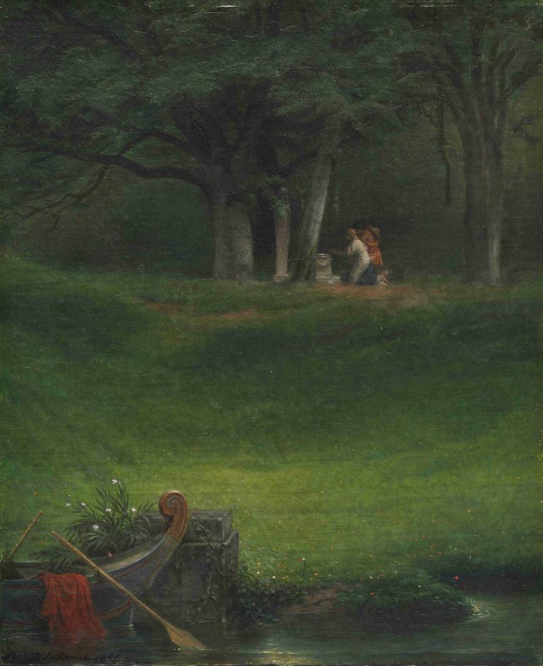 Offering to the God Pan,Paul Delaroche,Oil Painting,Oil Painting, tree, scenery, outdoors, nature, boat