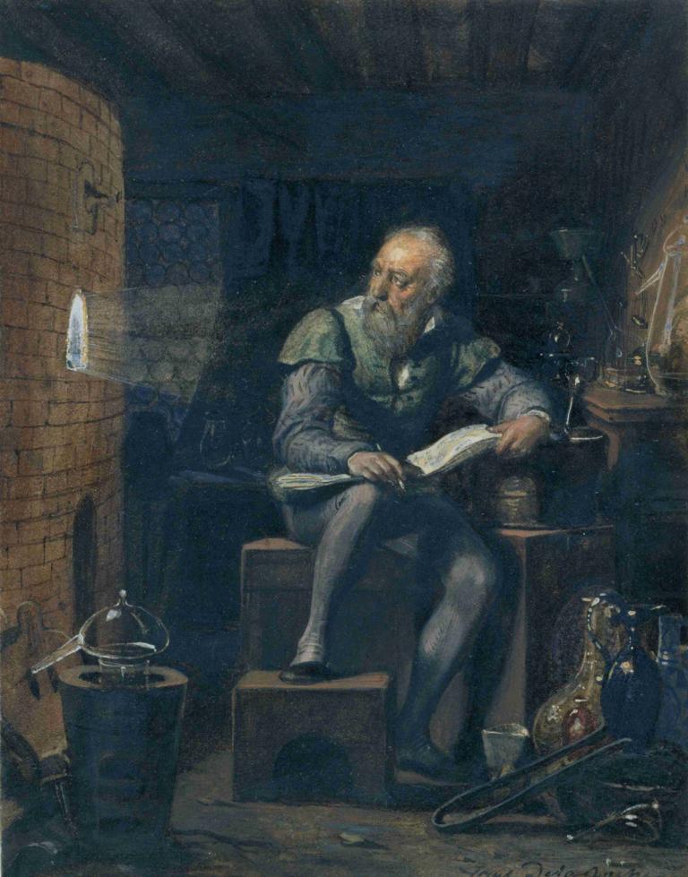 Palissy in his Workshop,Paul Delaroche,Oil Painting,Oil Painting, 1boy, male focus, solo, book, facial hair