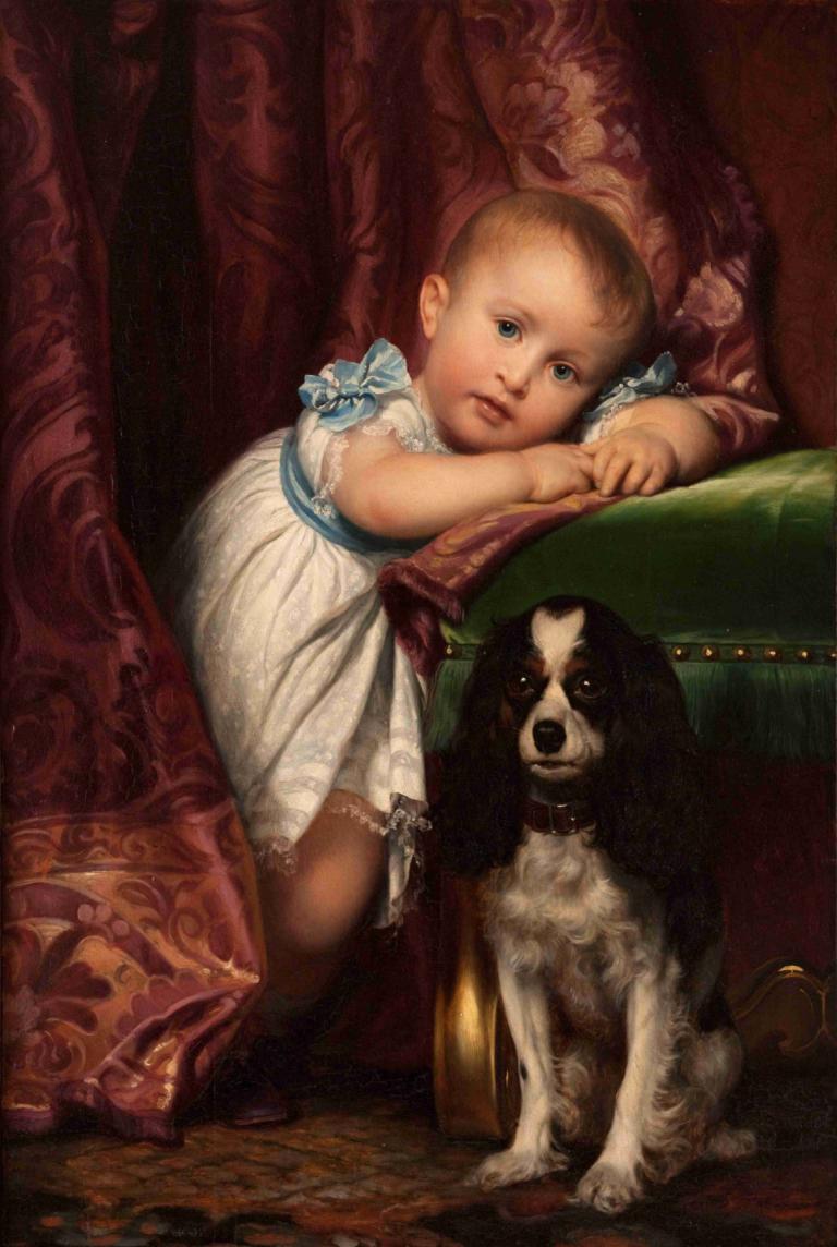 Portrait Of Horace Delaroche,Paul Delaroche,Oil Painting,Oil Painting, 1girl, blonde hair, child, dog, dress