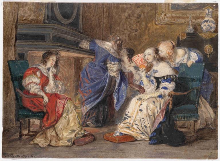 Women in an Interior,Naiset sisätiloissa,Paul Delaroche,Öljymaalaus,Öljymaalaus, istuu, useita poikia, kaapu