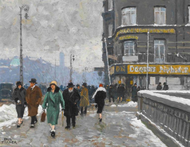 A winter street,Paul Fischer,Oil Painting,Oil Painting, multiple boys, outdoors, hat, road, street, coat