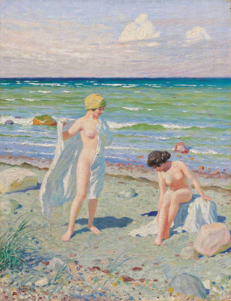 After the swim,Paul Fischer,Oil Painting,Oil Painting, outdoors, nude, nipples, blonde hair, beach, cloud