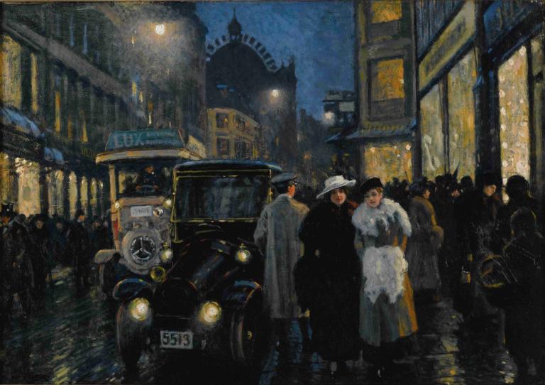 An Evening Stroll On The Boulevard,林荫大道上的傍晚漫步,Paul Fischer,保罗-费舍尔,油画,油画, 地面车辆, 摩托车, 帽子, 多个男孩, 车, 夜晚, 传统媒体