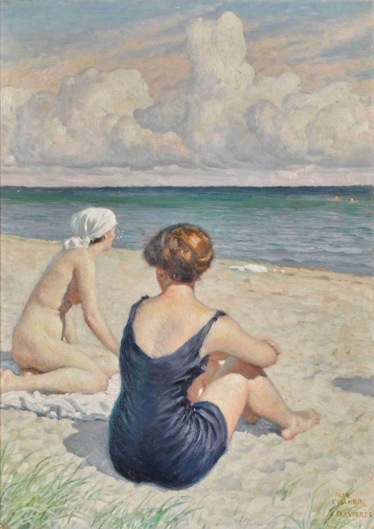 Bathers on the beach, Falsterbo,Kopalci na plaži, Falsterbo,Paul Fischer,Oljna slika,Oljna slika, več deklet