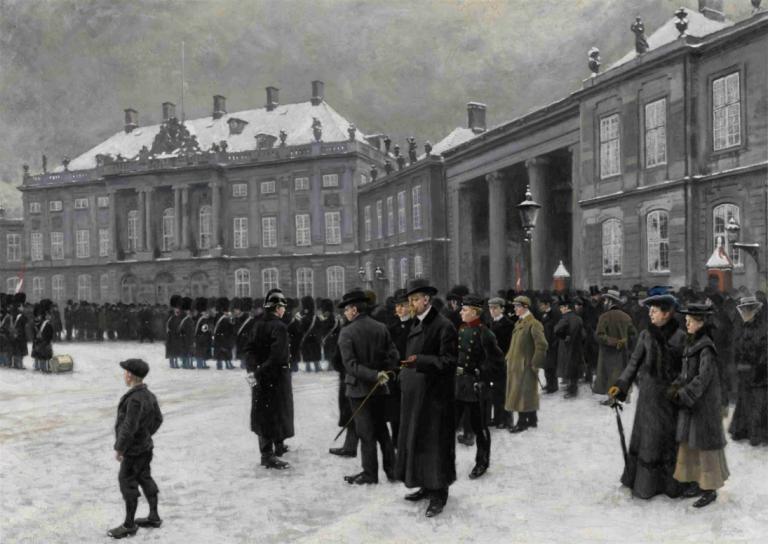 Changing of the guard at Amalienborg Palace,Paul Fischer,Oil Painting,Oil Painting, 6+boys, multiple boys