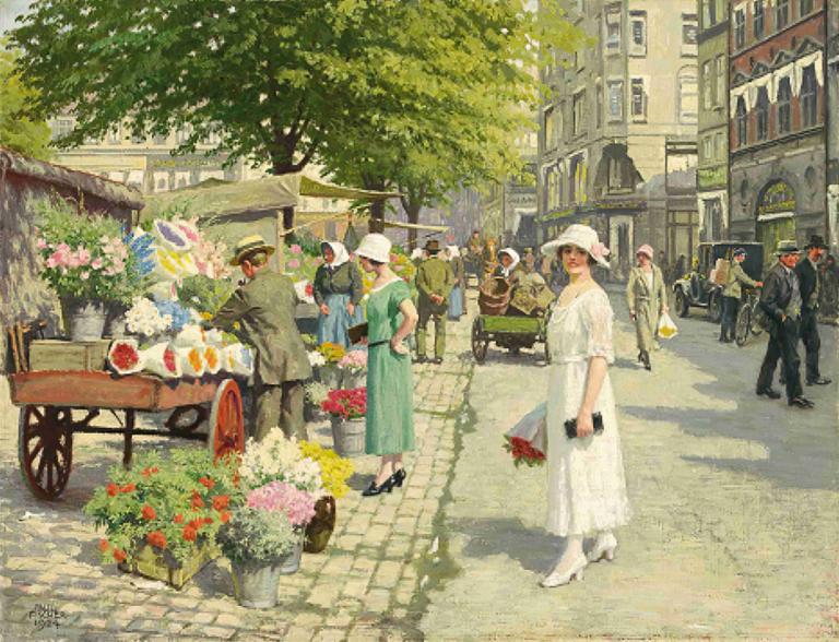 Damer, Der Køber Blomster På Amagertorv,Paul Fischer,Oil Painting,Oil Painting, dress, flower, bouquet