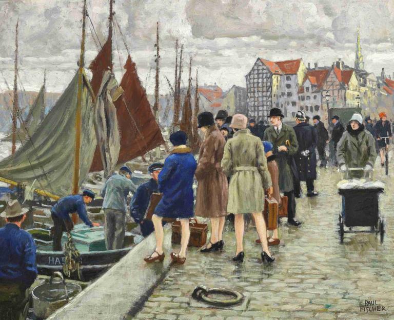 Elegante damer med klokkehatte køber fisk,Paul Fischer,Oil Painting,Oil Painting, 6+boys, multiple boys