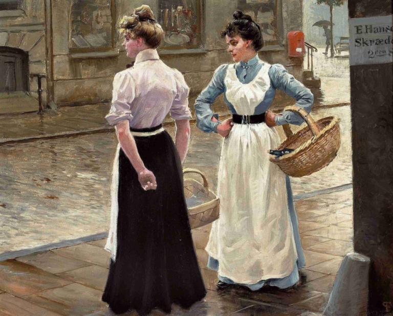 En lille passiar,Paul Fischer,Oil Painting,Oil Painting, apron, black hair, shirt, multiple girls, 2girls