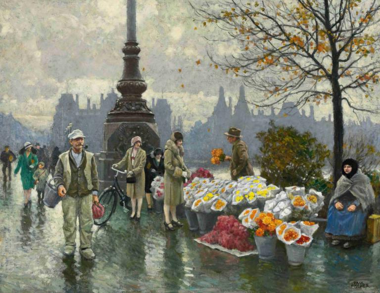 Flowersellers At Dr. Louises Bro [Queen Louise's Bridge] In Copenhagen,哥本哈根路易丝博士桥上的鲜花,Paul Fischer,保罗-费舍尔,油画