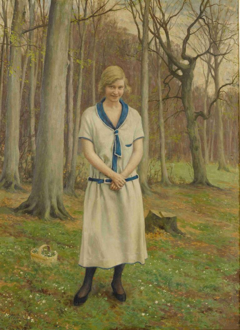 Gathering Daisies,Samler tusenfryd,Paul Fischer,Oljemaleri,Oljemaleri, blondt hår, tre, solo, natur, utendørs