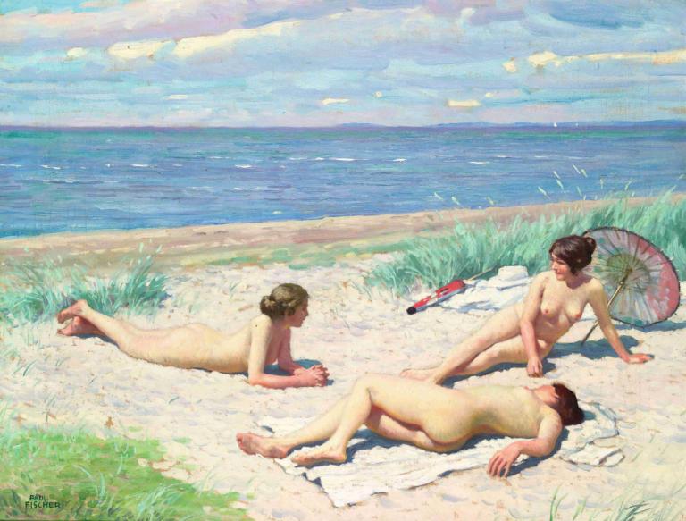 Girls on the beach,Paul Fischer,Oil Painting,Oil Painting, nude, outdoors, lying, grass, umbrella, ocean, day