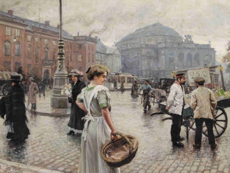 Kongens Nytorv med “Musse” på indkøb,Paul Fischer,Oil Painting,Oil Painting, basket, hat, ground vehicle