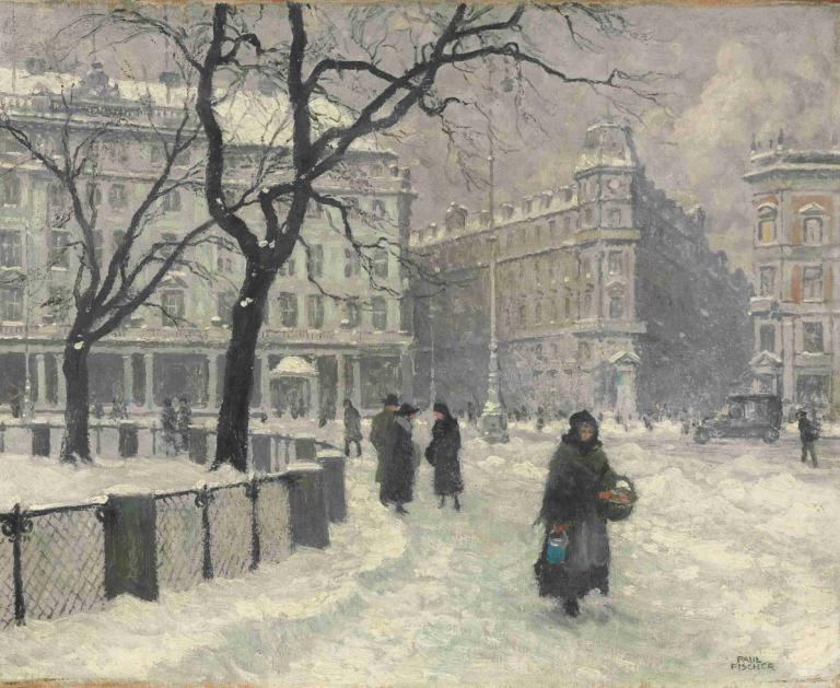 Kongens Nytorv, Copenhagen In Winter,冬天的哥本哈根,Paul Fischer,保罗-费舍尔,油画,油画, 树, 光秃秃的树, 雪, 多个男孩, 户外, 地面车辆, 建筑, 栅栏