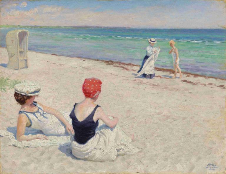 On the beach, Falsterbro,ファルスターブロのビーチにて,Paul Fischer,ポール・フィッシャー,油絵,油絵, 帽子, 従来のメディア, ドレス, 屋外, 複数の男の子, ビーチ