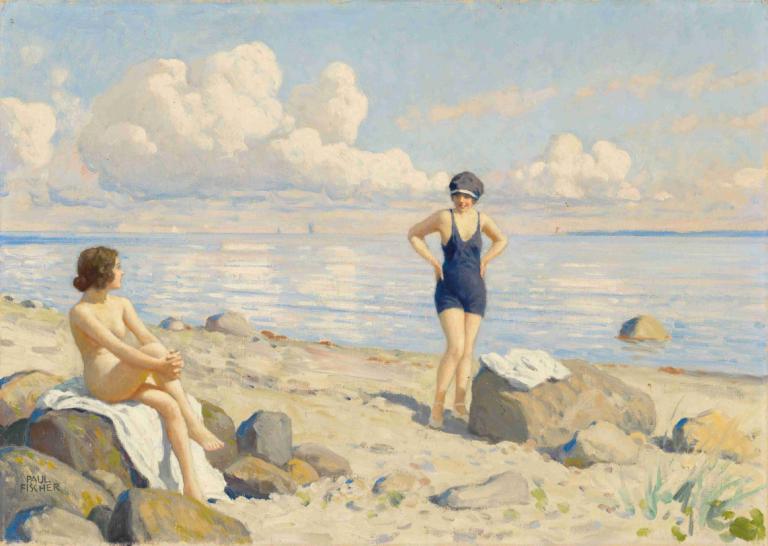 On the beach,En la playa,Paul Fischer,Pintura al óleo,Pintura al óleo, al aire libre, varias chicas, 2 chicas