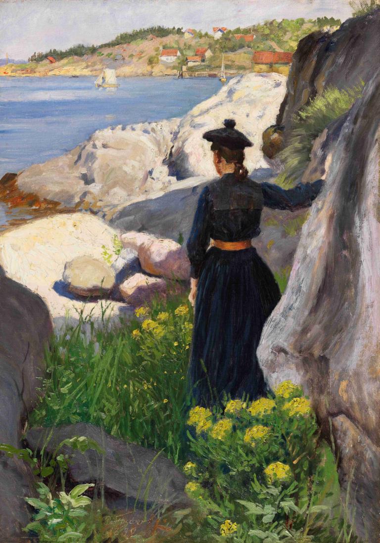 On the coast,En la costa,Paul Fischer,Pintura al óleo,Pintura al óleo, 1 chica, al aire libre, solo, césped