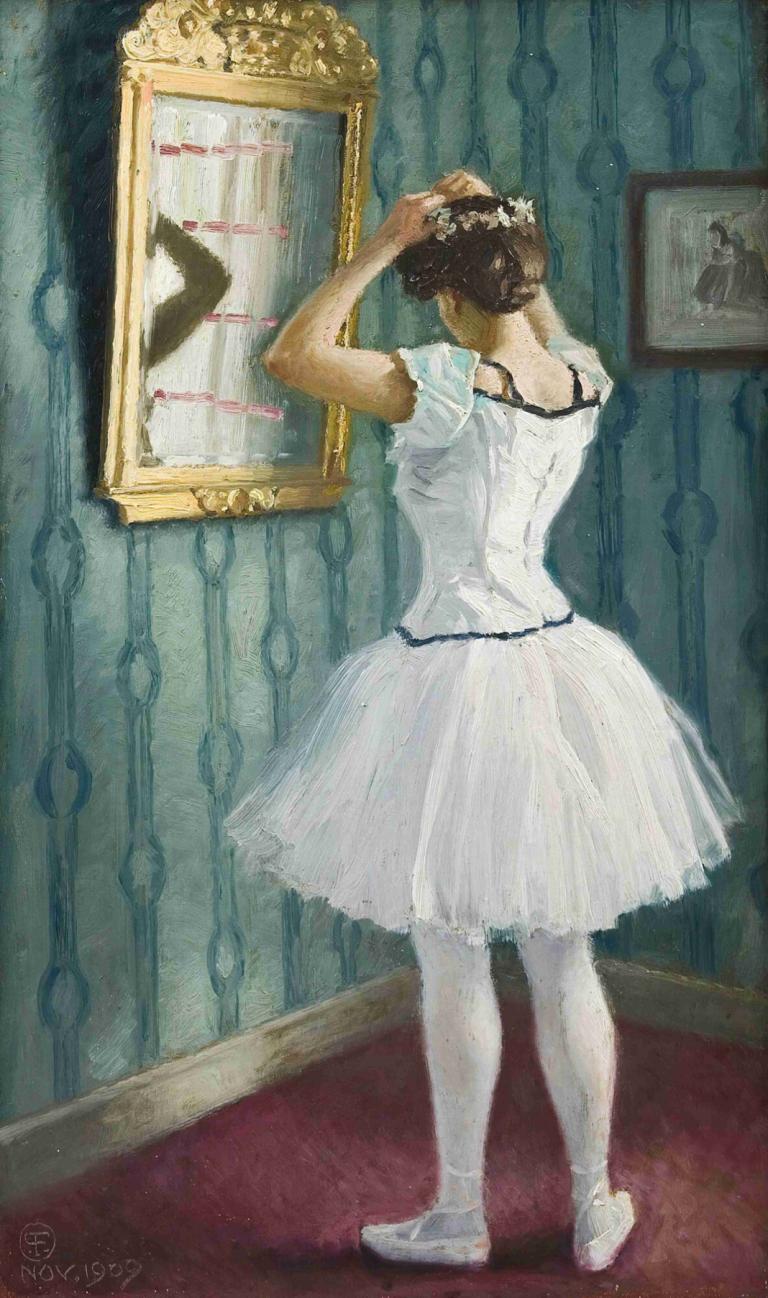 Preparing for the ballet,Paul Fischer,Oil Painting,Oil Painting, 1girl, ballerina, solo, pantyhose, ballet