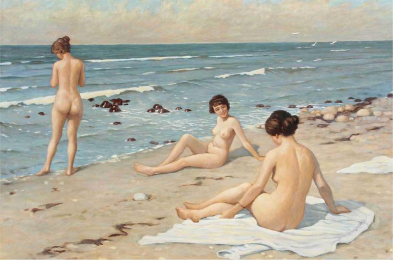 Strandparti med badende kvinder,海水浴の女性たちとのビーチパーティー,Paul Fischer,ポール・フィッシャー,油絵,油絵, 複数の女の子, ヌード, 3人の女の子, 屋外