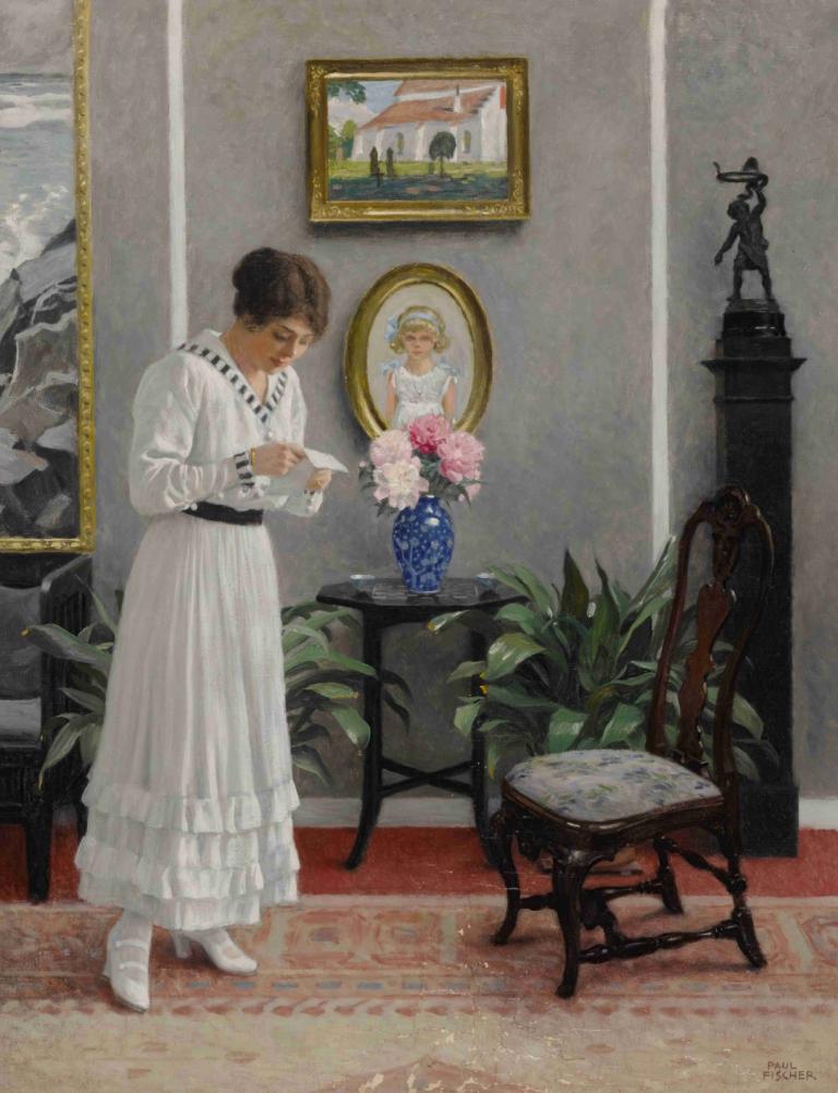 The Letter,La lettre,Paul Fischer,Peinture à l'huile,Peinture à l'huile, robe, robe blanche, vase, fleur