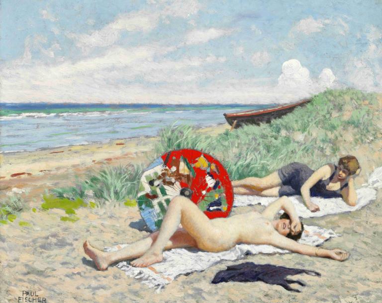 To piger og en japansk parasol på Hornbæk strand,ホーンベックビーチの2人の少女と日本のパラソル,Paul Fischer,ポール・フィッシャー,油絵,油絵