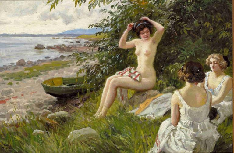 Tre badepiger i strandkanten,Trois baigneuses à la plage,Paul Fischer,Peinture à l'huile,Peinture à l'huile