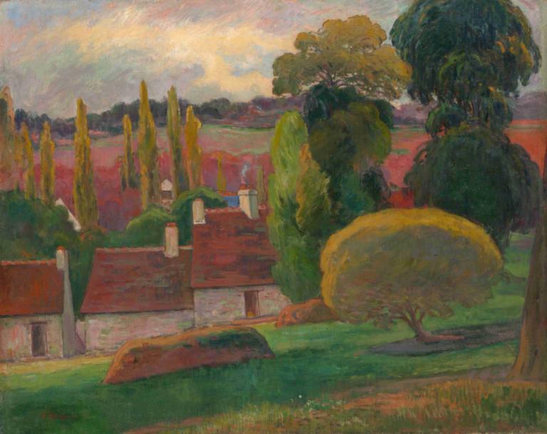 A Farm in Brittany,Paul Gauguin,Oil Painting,Oil Painting, outdoors, tree, scenery, grass, cloud, no humans