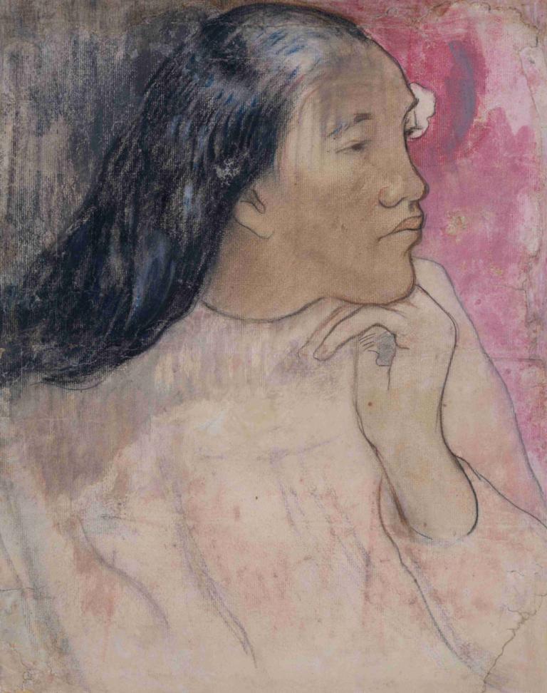 A Tahitian Woman with a Flower in Her Hair,Paul Gauguin,Oil Painting,Oil Painting, solo, black hair