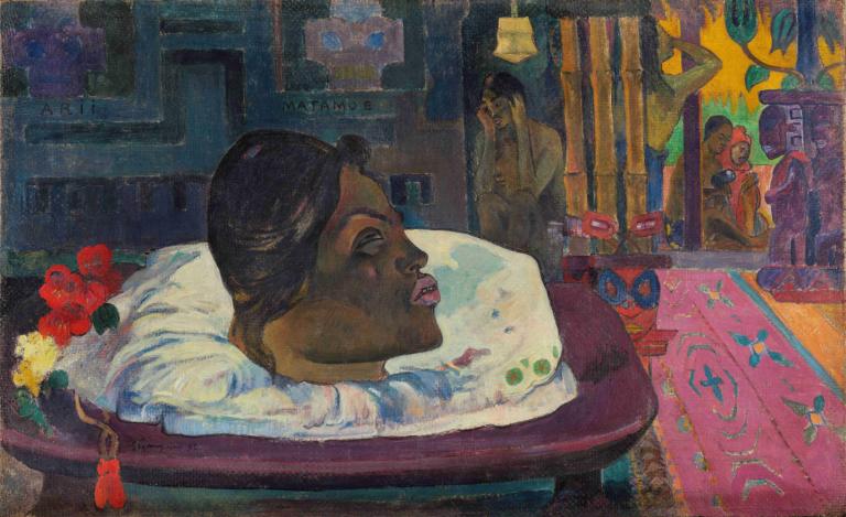 Arii Matamoe (The Royal End),Paul Gauguin,Oil Painting,Oil Painting, flower, black hair, dark skin, 1boy