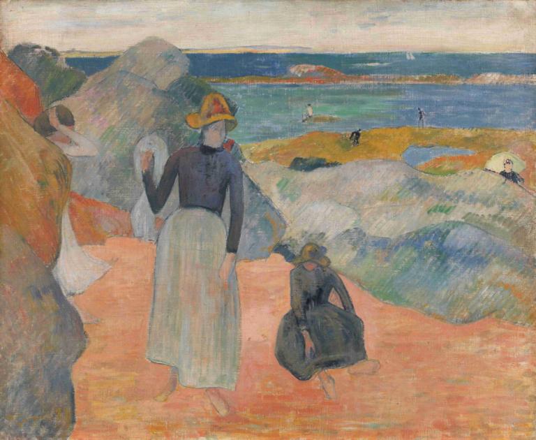 Beach Scene,Paul Gauguin,Oil Painting,Oil Painting, outdoors, hat, multiple boys, black shirt, long sleeves